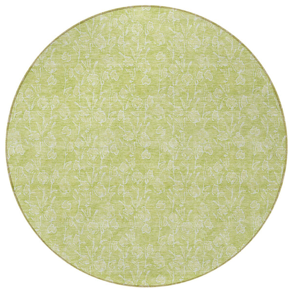 Homeroots 3' Artichoke Green & Ivory Floral Washable Area Rug For Indoor & Outdoor Spaces, Durable Design 8' Round Polyester 581842