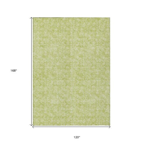Homeroots 3' Artichoke Green & Ivory Floral Washable Area Rug For Indoor & Outdoor Spaces, Durable Design 10' X 14' Polyester 581845