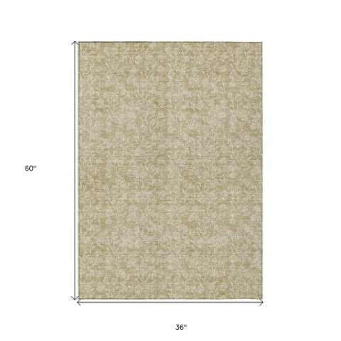 Homeroots 3' Artichoke Green & Ivory Floral Washable Area Rug For Indoor & Outdoor Spaces, Durable Design 3' X 5' Polyester 581846