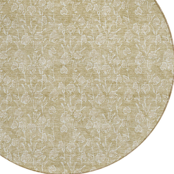 Homeroots 3' Artichoke Green & Ivory Floral Washable Area Rug For Indoor & Outdoor Spaces, Durable Design 8' Round Polyester 581848