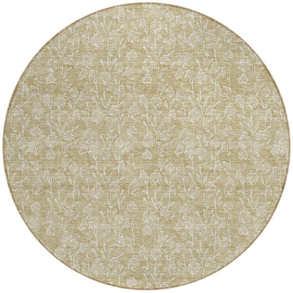 Homeroots 3' Artichoke Green & Ivory Floral Washable Area Rug For Indoor & Outdoor Spaces, Durable Design 8' Round Polyester 581848