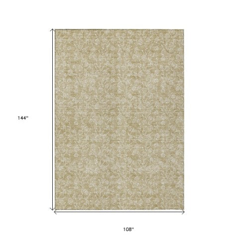 Homeroots 3' Artichoke Green & Ivory Floral Washable Area Rug For Indoor & Outdoor Spaces, Durable Design 9' X 12' Polyester 581850