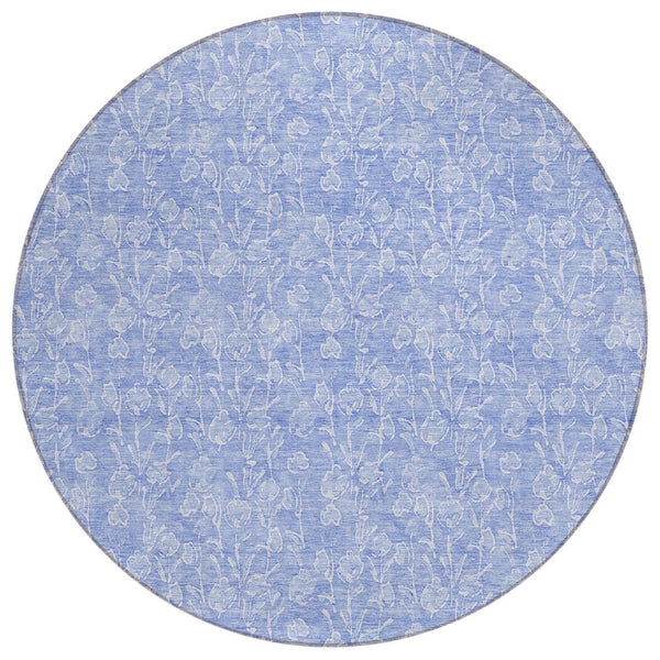 HomeRoots 5' Denim Blue Floral Area Rug - Washable, Stain-Resistant, Indoor/Outdoor Durable Elegance for Any Space 8' Round 581860