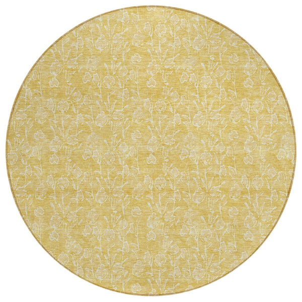 HomeRoots 5' Gold and Ivory Floral Area Rug – Timeless, Washable Design for Indoor and Outdoor Spaces 8' Round 581866