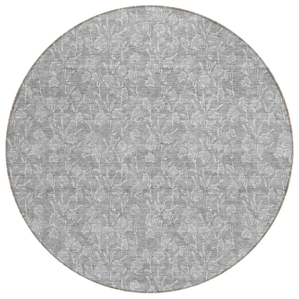 HomeRoots 5' Silver and Ivory Floral Area Rug - Durable, Washable Indoor/Outdoor Design for Any Space 8' Round 581878