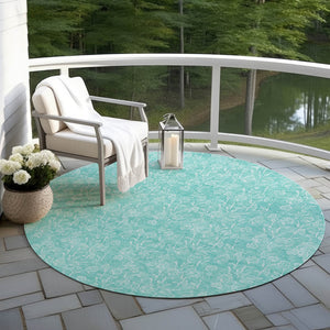 Homeroots 3' Artichoke Green & Ivory Floral Washable Area Rug For Indoor & Outdoor Spaces, Durable Design 8' Round Polyester 581884