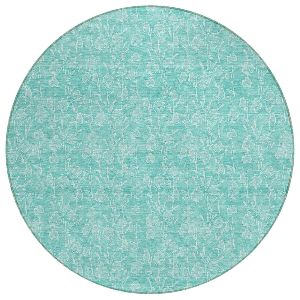 HomeRoots 5' Floral Teal Blue and Ivory Area Rug - Washable, Durable Design for Indoor and Outdoor Elegance 8' Round 581884