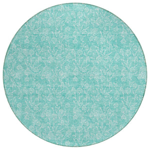 HomeRoots 5' Floral Teal Blue and Ivory Area Rug - Washable, Durable Design for Indoor and Outdoor Elegance 8' Round 581884