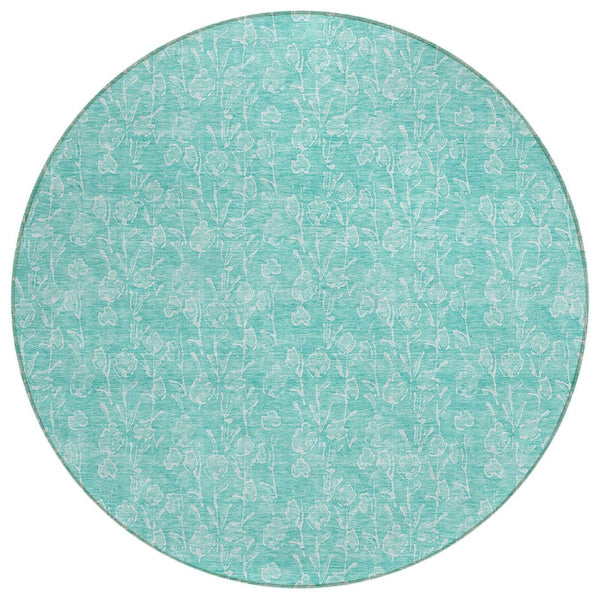 HomeRoots 5' Floral Teal Blue and Ivory Area Rug - Washable, Durable Design for Indoor and Outdoor Elegance 8' Round 581884