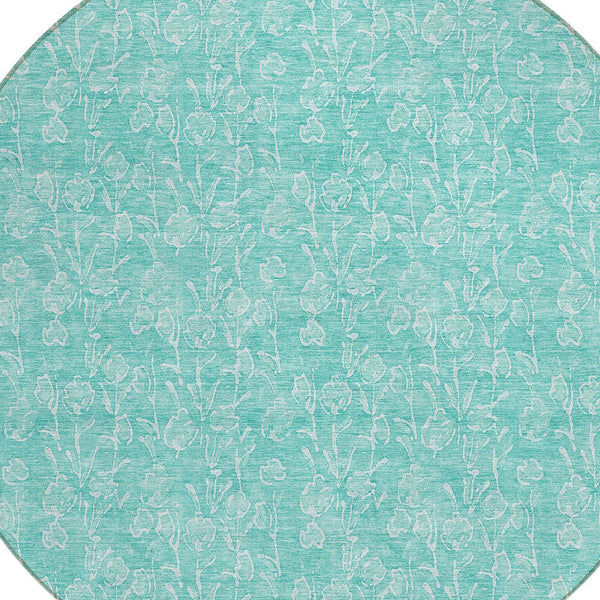 Homeroots 3' Artichoke Green & Ivory Floral Washable Area Rug For Indoor & Outdoor Spaces, Durable Design 8' Round Polyester 581884