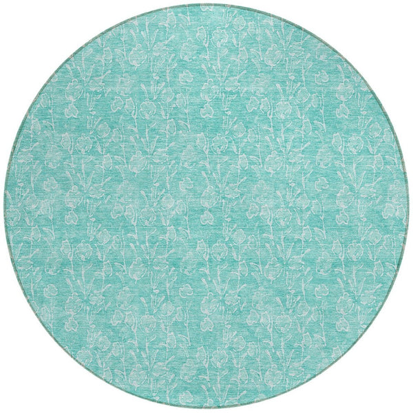 Homeroots 3' Artichoke Green & Ivory Floral Washable Area Rug For Indoor & Outdoor Spaces, Durable Design 8' Round Polyester 581884