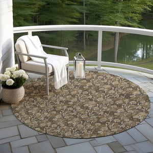 Homeroots 3' Brown Floral Washable Area Rug - Stylish Indoor Outdoor Carpet For High Traffic Spaces & More 8' Round Polyester 581890