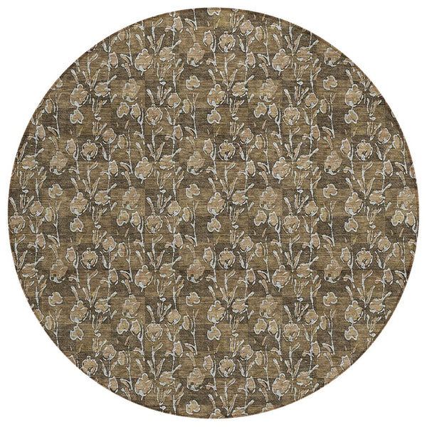 HomeRoots 5' Durable Brown and Ivory Floral Area Rug - Ideal for Indoor/Outdoor Use, Machine Washable Design 8' Round 581890