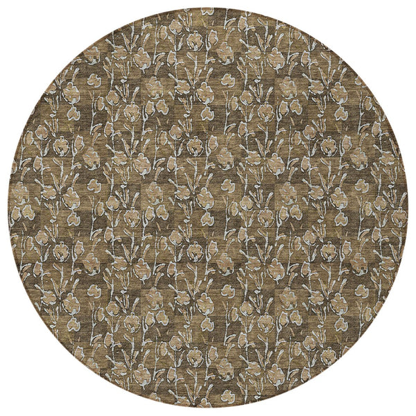 Homeroots 3' Brown Floral Washable Area Rug - Stylish Indoor Outdoor Carpet For High Traffic Spaces & More 8' Round Polyester 581890
