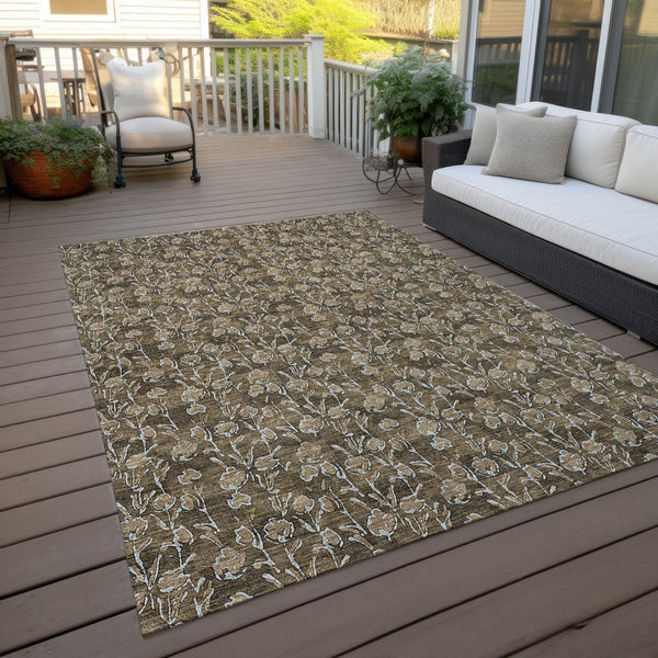 Homeroots 3' Brown Floral Washable Area Rug - Stylish Indoor Outdoor Carpet For High Traffic Spaces & More 8' X 10' Polyester 581891