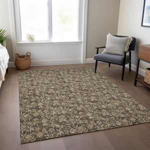 Homeroots 3' Brown Floral Washable Area Rug - Stylish Indoor Outdoor Carpet For High Traffic Spaces & More 8' X 10' Polyester 581891