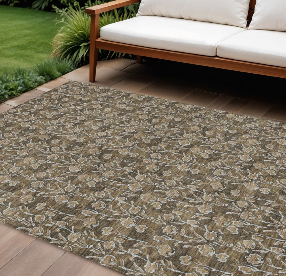 HomeRoots 9' Durable Brown and Ivory Floral Washable Area Rug for Elegant Indoor and Outdoor Spaces 9' X 12' 581892