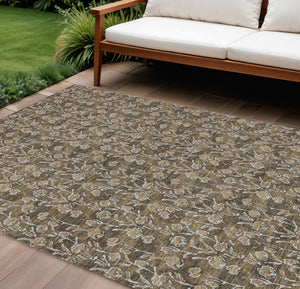 Homeroots 3' Brown Floral Washable Area Rug - Stylish Indoor Outdoor Carpet For High Traffic Spaces & More 10' X 14' Polyester 581893