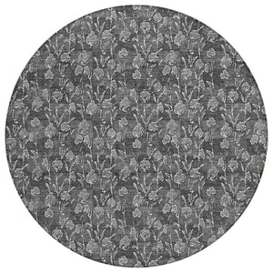 HomeRoots 5' Versatile Washable Area Rug in Gray Charcoal and Silver Floral Design for Indoor & Outdoor Use 8' Round 581896