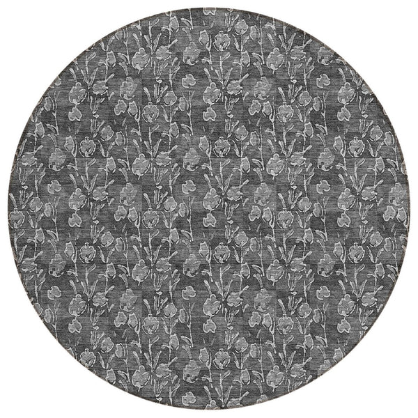 HomeRoots 5' Versatile Washable Area Rug in Gray Charcoal and Silver Floral Design for Indoor & Outdoor Use 8' Round 581896