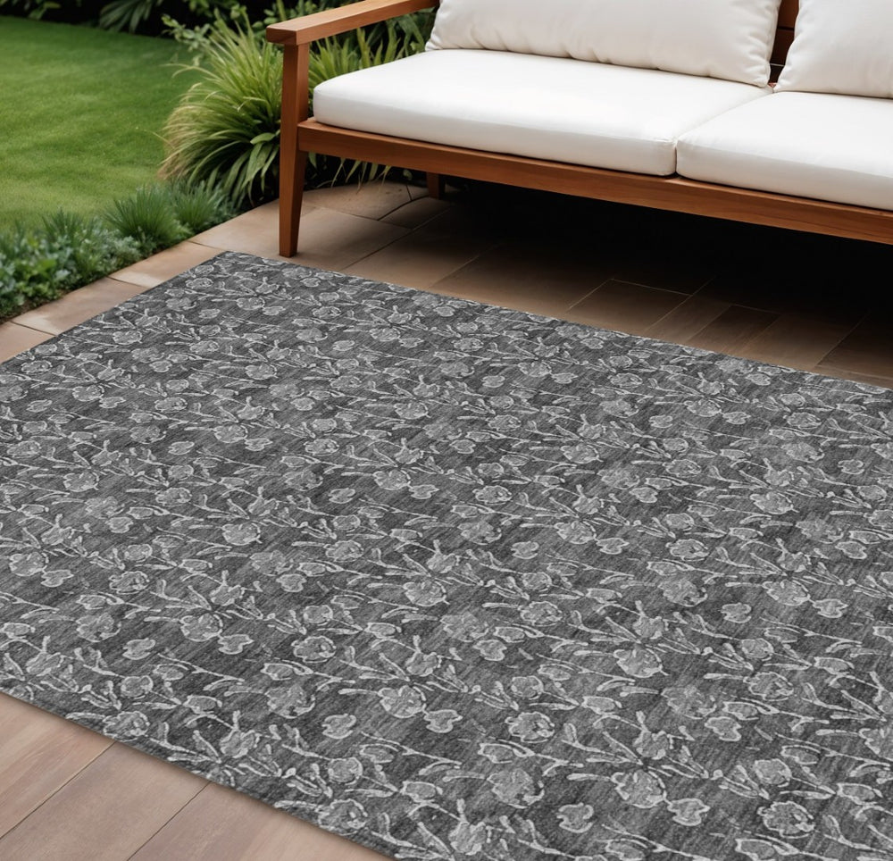 HomeRoots 9' Gray Charcoal and Silver Floral Washable Area Rug for Indoor & Outdoor Use, Durable & Elegant 9' X 12' 581898