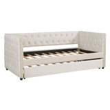 English Elm Twin Size Tufted Upholstered Daybed With Trundle, Velvet Sofabed With Rivet Design, No Box-Spring Needed,Beige