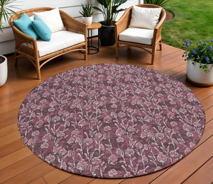 HomeRoots 5' Elegant Merlot Mauve & Ivory Floral Area Rug – Durable, Stylish for Indoor & Outdoor Spaces 8' Round 581902