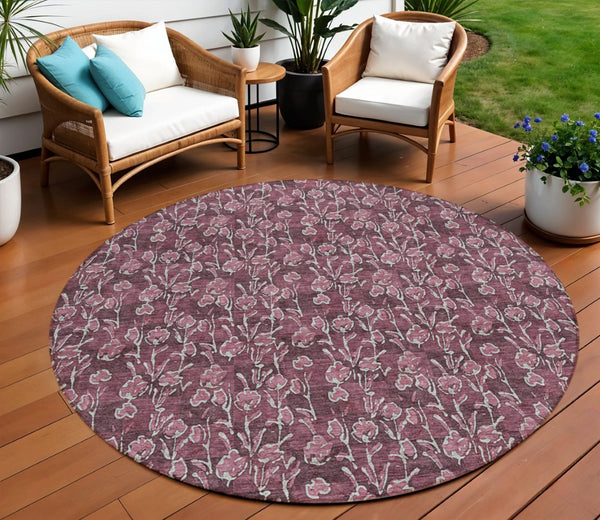 HomeRoots 5' Elegant Merlot Mauve & Ivory Floral Area Rug – Durable, Stylish for Indoor & Outdoor Spaces 8' Round 581902