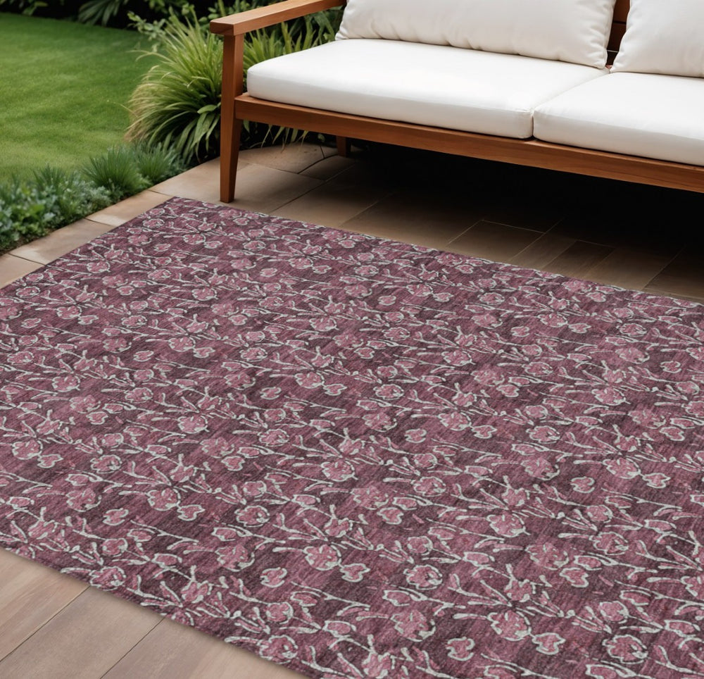 HomeRoots 9' Elegant Merlot Mauve Floral Area Rug - Washable, Durable Design for Indoor & Outdoor Spaces 9' X 12' 581904