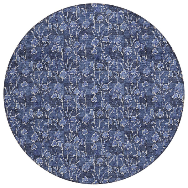 HomeRoots 5' Navy Blue Floral Area Rug - Durable, Washable, Indoor/Outdoor Design for High-Traffic Spaces 8' Round 581908