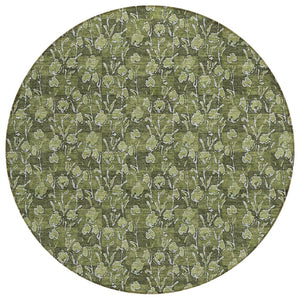 HomeRoots 5' Indoor Outdoor Area Rug in Olive Green and Ivory Floral - Durable, Washable, Easy-Care Design 8' Round 581914
