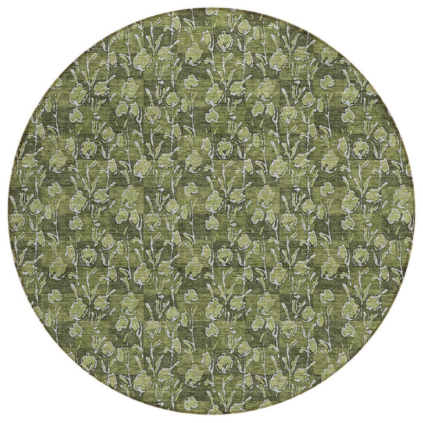 HomeRoots 5' Indoor Outdoor Area Rug in Olive Green and Ivory Floral - Durable, Washable, Easy-Care Design 8' Round 581914