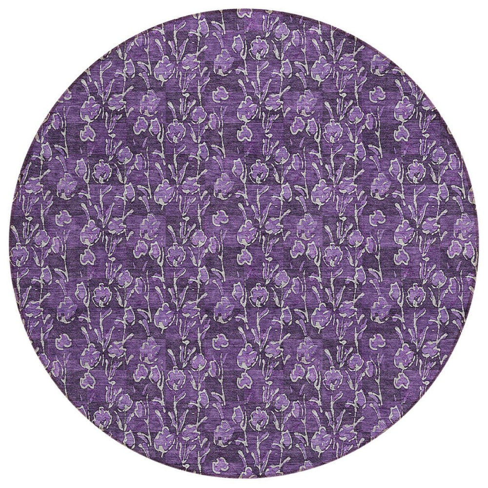 HomeRoots 5' Elegant Purple Eggplant and Ivory Floral Washable Area Rug for Indoor and Outdoor Spaces 8' Round 581920