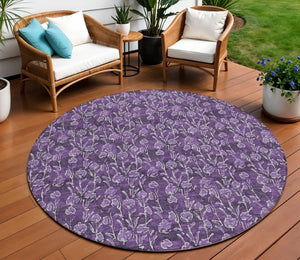 HomeRoots 5' Elegant Purple Eggplant and Ivory Floral Washable Area Rug for Indoor and Outdoor Spaces 8' Round 581920