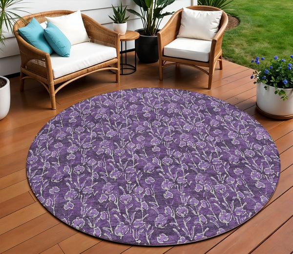 HomeRoots 5' Elegant Purple Eggplant and Ivory Floral Washable Area Rug for Indoor and Outdoor Spaces 8' Round 581920