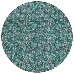 HomeRoots 5' Indoor Outdoor Floral Area Rug in Teal Blue, Aqua & Ivory - Durable, Washable & Versatile Design 8' Round 581926