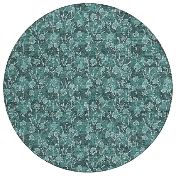 HomeRoots 5' Indoor Outdoor Floral Area Rug in Teal Blue, Aqua & Ivory - Durable, Washable & Versatile Design 8' Round 581926