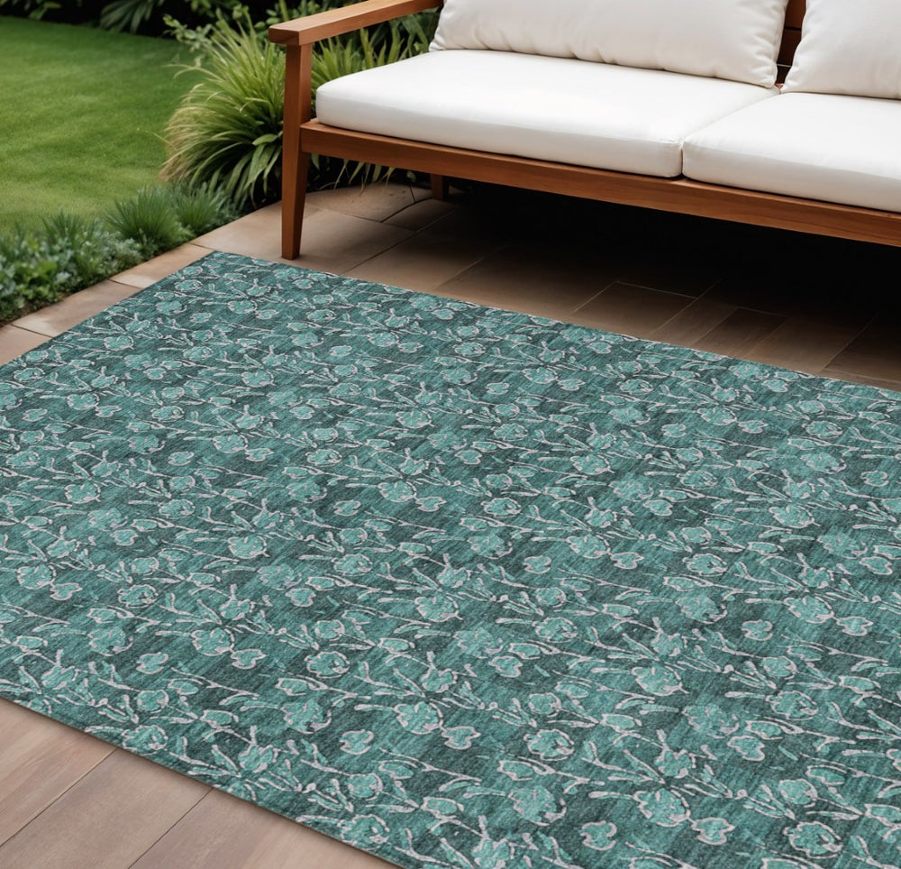 HomeRoots 5' Indoor Outdoor Floral Area Rug in Teal Blue, Aqua & Ivory - Durable, Washable & Versatile Design 10' X 14' 581929