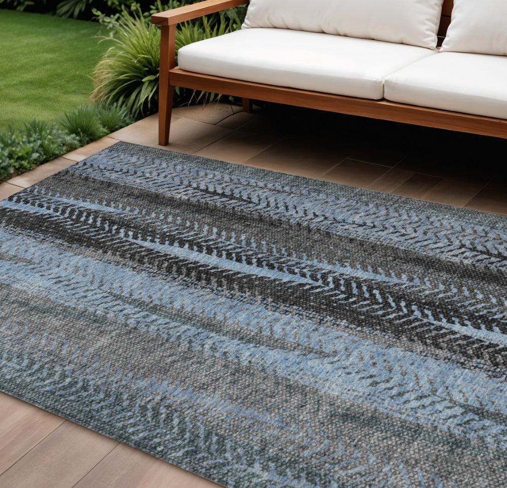 HomeRoots 9' Botanical Elegance Area Rug - Washable, Durable Blue-Gray & Charcoal Design for Indoor/Outdoor Use 9' X 12' 581940