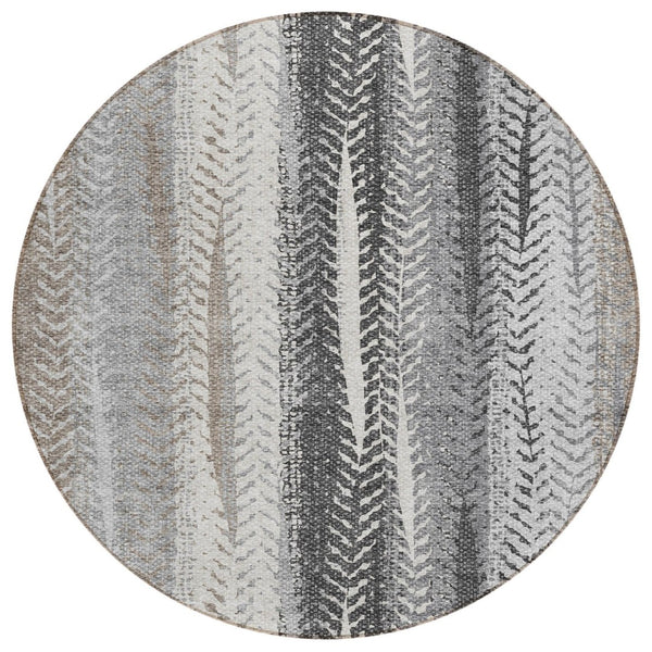 HomeRoots 5' Stylish Khaki Ivory Gray Botanical Leaves Area Rug – Durable, Washable, Perfect for Indoors & Outdoors 8' Round 581944