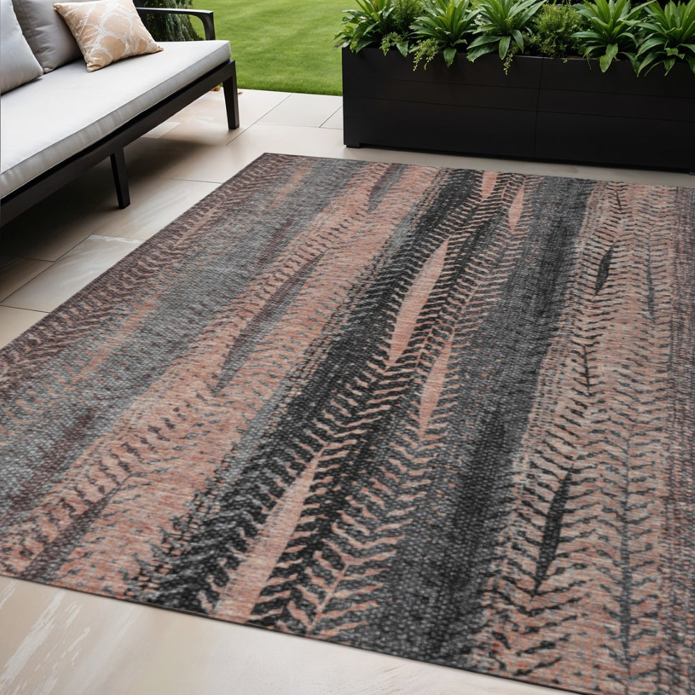 HomeRoots 5' Indoor Outdoor Area Rug with Blue, Charcoal, and Copper Botanical Leaves - Durable & Washable Design 5' X 8' 581949