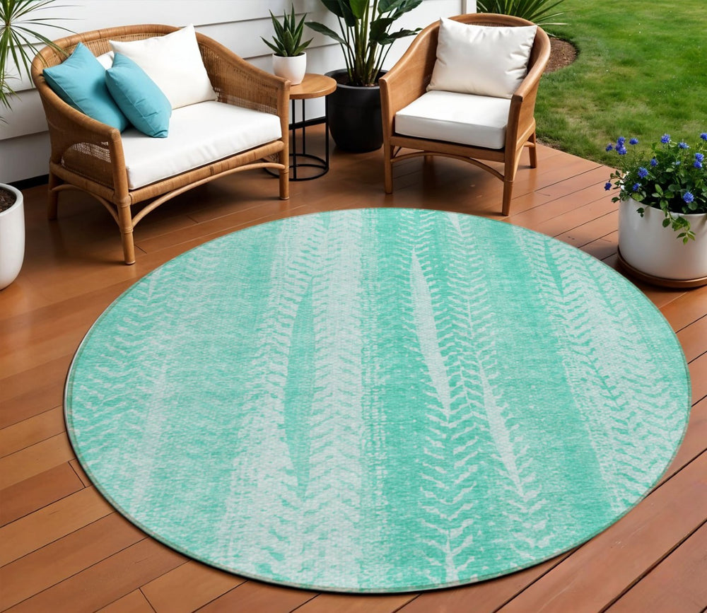 HomeRoots 5' Vibrant Aqua Teal Blue and Ivory Botanical Leaves Rug - Durable, Washable, Ideal for Indoor/Outdoor Spaces 8' Round 581962