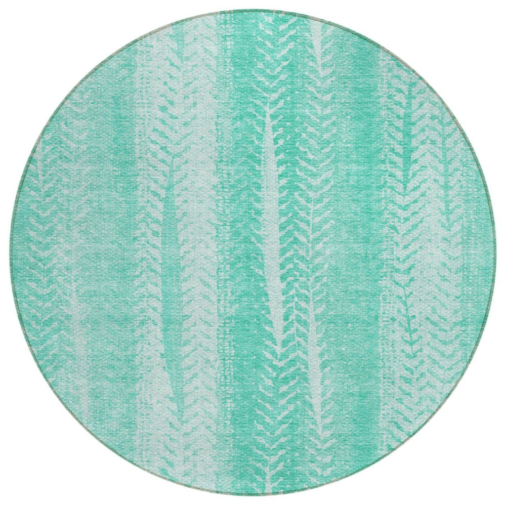 HomeRoots 5' Vibrant Aqua Teal Blue and Ivory Botanical Leaves Rug - Durable, Washable, Ideal for Indoor/Outdoor Spaces 8' Round 581962