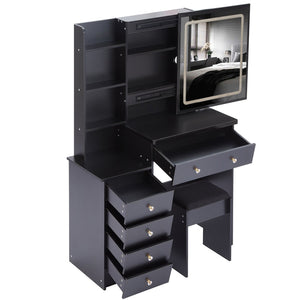 English Elm 37" Vanity Table Set with Led Mirror Stool Built-in Outlets and Hair Dryer Storage Black W3258P448844