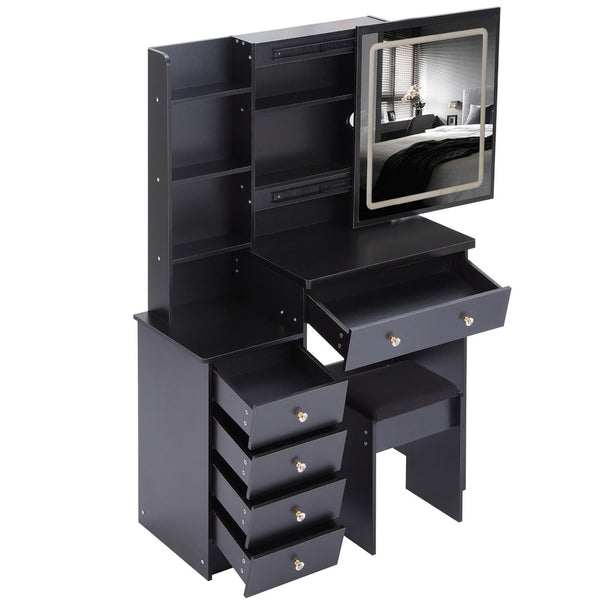 English Elm 37" Vanity Table Set with Led Mirror Stool Built-in Outlets and Hair Dryer Storage Black W3258P448844