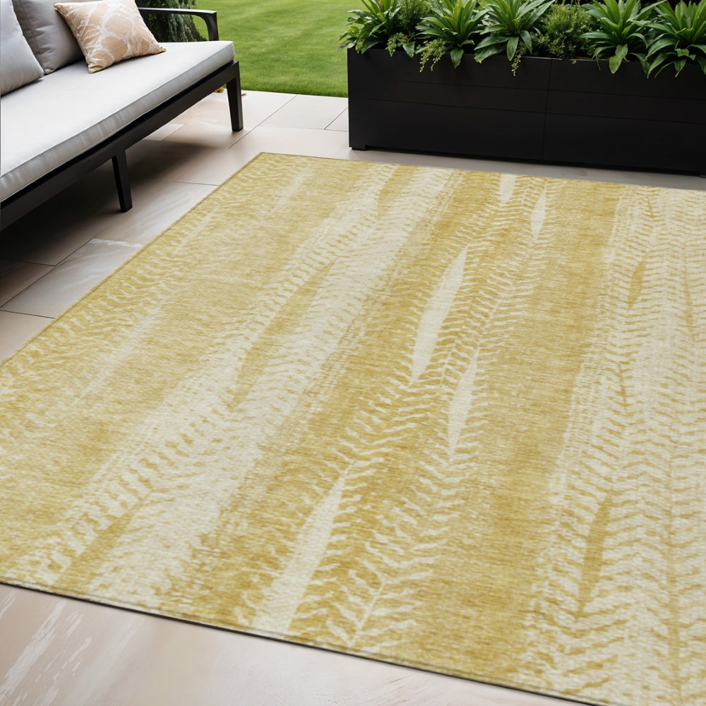 HomeRoots 5' Gold Wheat and Ivory Botanical Leaves Rug - Durable, Washable for Indoor & Outdoor Elegance 5' X 8' 581979