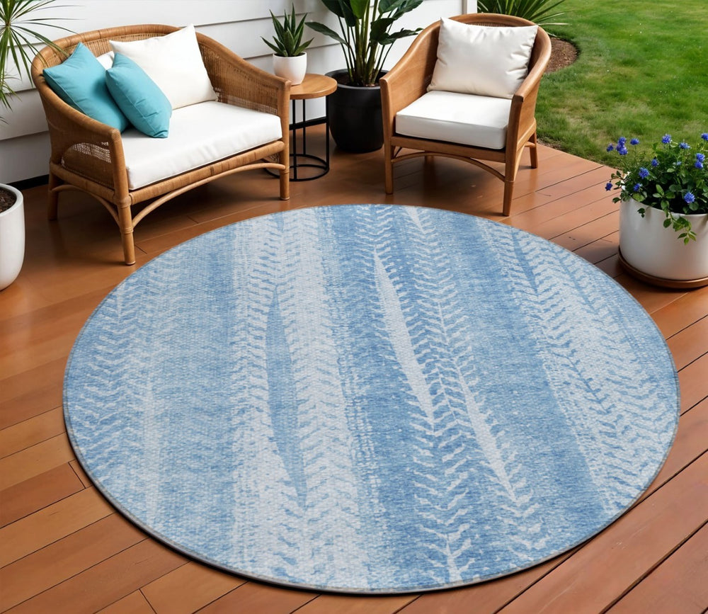 HomeRoots 5' Sky Blue and Denim Blue Botanical Leaves Area Rug - Durable, Washable for Indoor & Outdoor Use 8' Round 581986