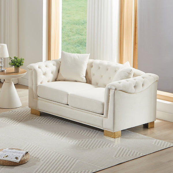English Elm {video] Chesterfield Two-seater Velvet Sofa with Nailhead Trim and Tufted Gold Leg Luxury Beige W1926S00093