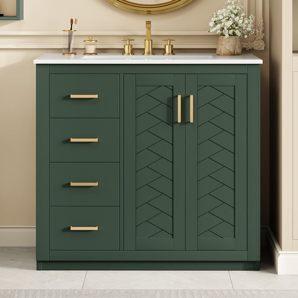 English Elm 36'' Bathroom Vanity with Ceramic Sink Combo, Solid Wood Frame, Soft-Close Drawers and Stylish Retro Groove Design Green N710P291684F