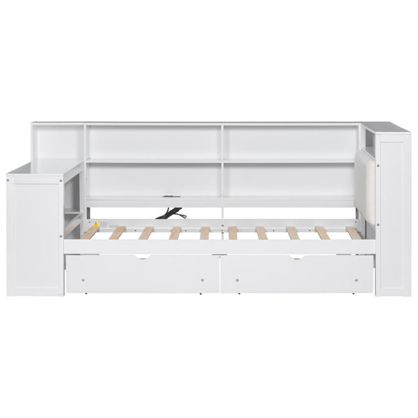 English Elm Wood Twin Size Platform Bed With Drawers, Charging Station, Led Light, Desk, & Upholstered Headboard N7090001046K-GIGA